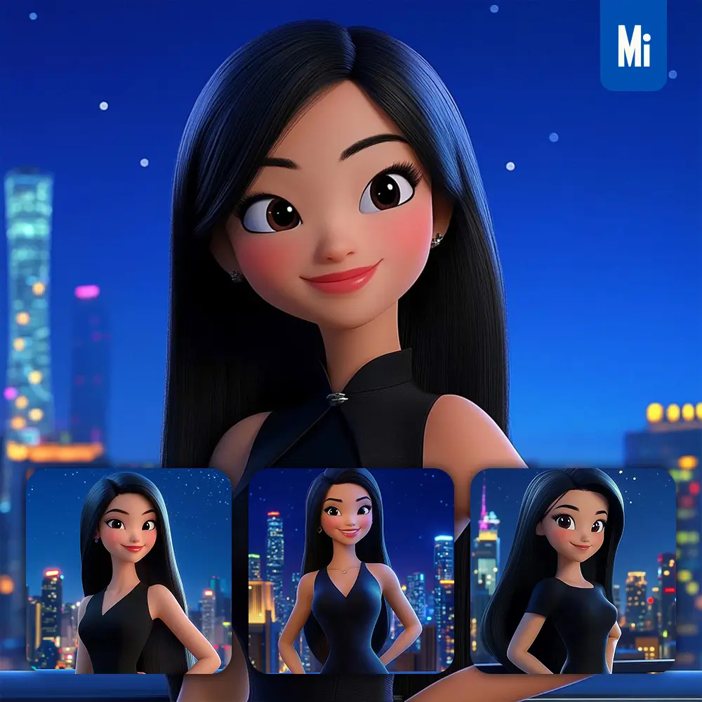 Midjourney Prompt Girl Woman Black Dress City Skyline Night 3D Cartoon Animation