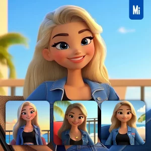Midjourney Prompt Girl Woman Denim Jacket Sea Ocean Beach Sky 3D Cartoon Animation