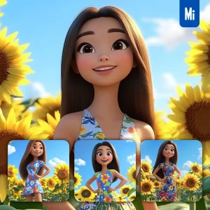 Midjourney Prompt Girl Woman Dress Sunflower Field Sky 3D Cartoon Animation