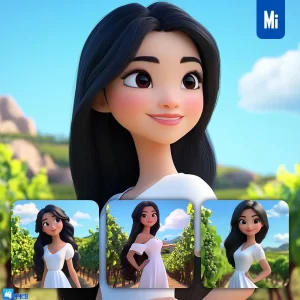 Midjourney Prompt Girl Woman Dress Vineyard Grapevines Sky 3D Cartoon Animation