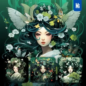 Midjourney Prompt Girl Woman Female Fairy Butterfly Leaves Portrait Painting Illustration