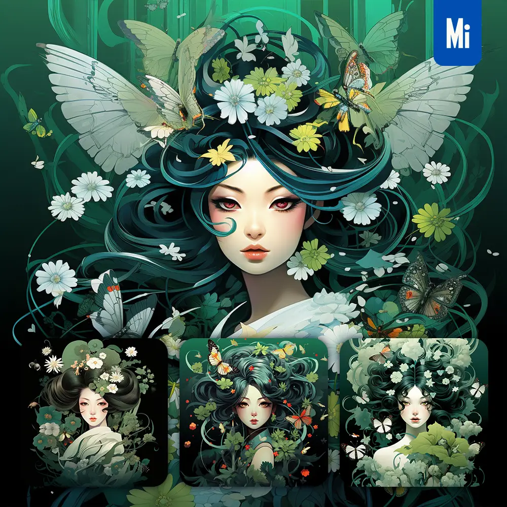Midjourney Prompt Girl Woman Female Fairy Butterfly Leaves Portrait Painting Illustration