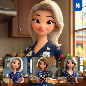 Midjourney Prompt Girl Woman Floral Dress Kitchen Window Home 3D Cartoon Animation