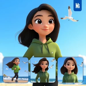 Midjourney Prompt Girl Woman Green Hoodie Sky Beach Seagulls 3D Cartoon Animation