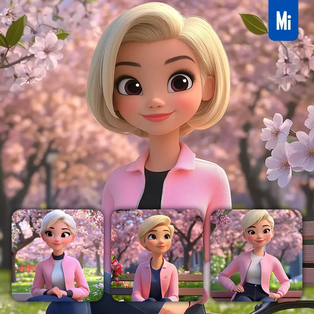 Midjourney Prompt Girl Woman Jacket Jeans Blooming Flowers Park Spring Branches 3D Cartoon Animation