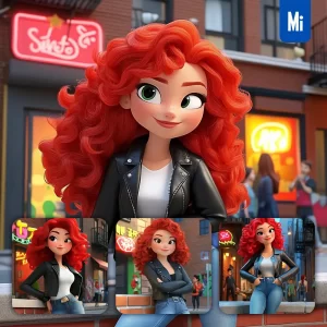 Midjourney Prompt Girl Woman Jeans Leather Jacket Urban Street 3D Cartoon Animation