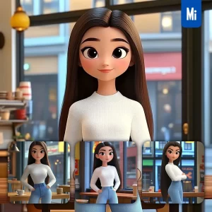 Midjourney Prompt Girl Woman Jeans Sweater Window 3D Cartoon Animation