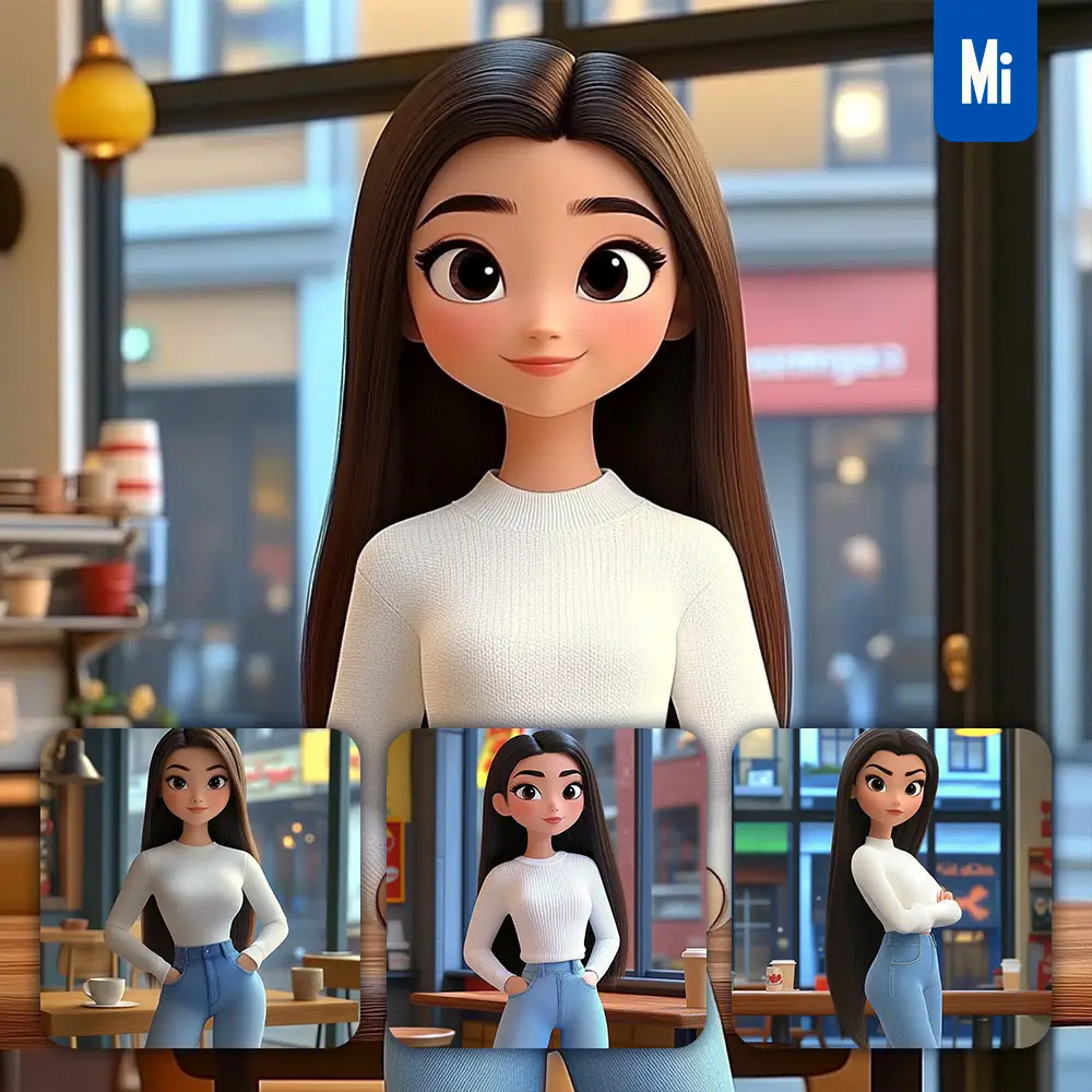 Midjourney Prompt Girl Woman Jeans Sweater Window 3D Cartoon Animation