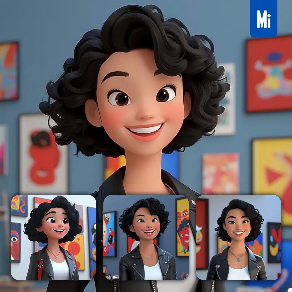 Midjourney Prompt Girl Woman Leather Jacket Art Gallery Wall 3D Cartoon Animation