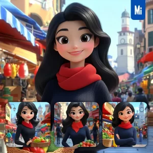 Midjourney Prompt Girl Woman Red Scarf Sweater Market Square Basket 3D Cartoon Animation