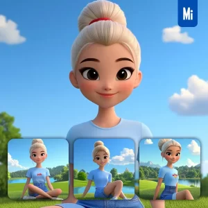 Midjourney Prompt Girl Woman Shirt Grassy Hill Lake Trees Sky 3D Cartoon Animation