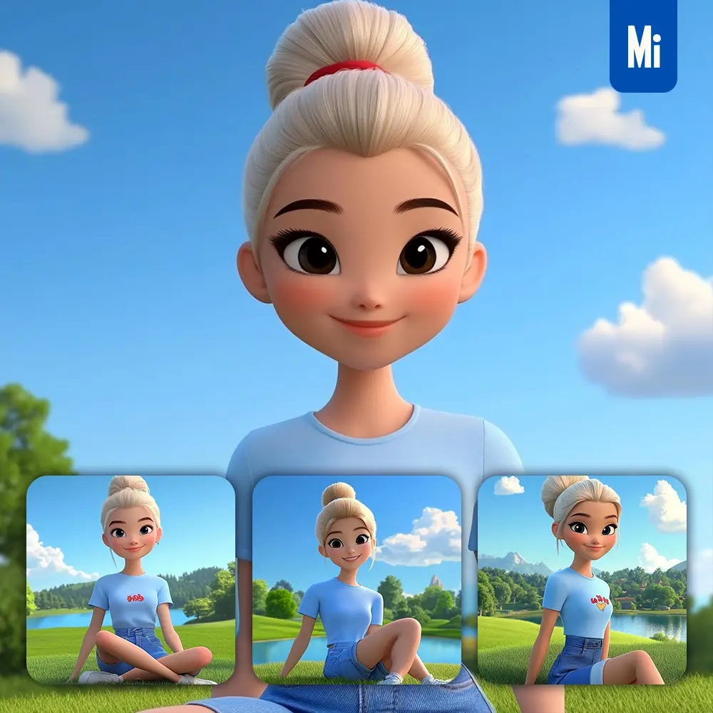 Midjourney Prompt Girl Woman Shirt Grassy Hill Lake Trees Sky 3D Cartoon Animation