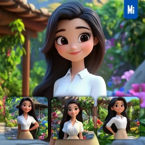 Midjourney Prompt Girl Woman Skirt Blouse Garden Flowers 3D Cartoon Animation