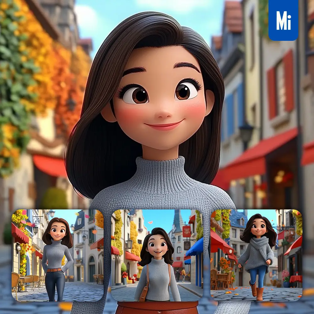 Midjourney Prompt Girl Woman Sweater Street Buildings 3D Cartoon Animation