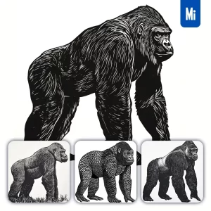 Midjourney Prompt Gorilla Animal Woodcut Print Black and White Illustration