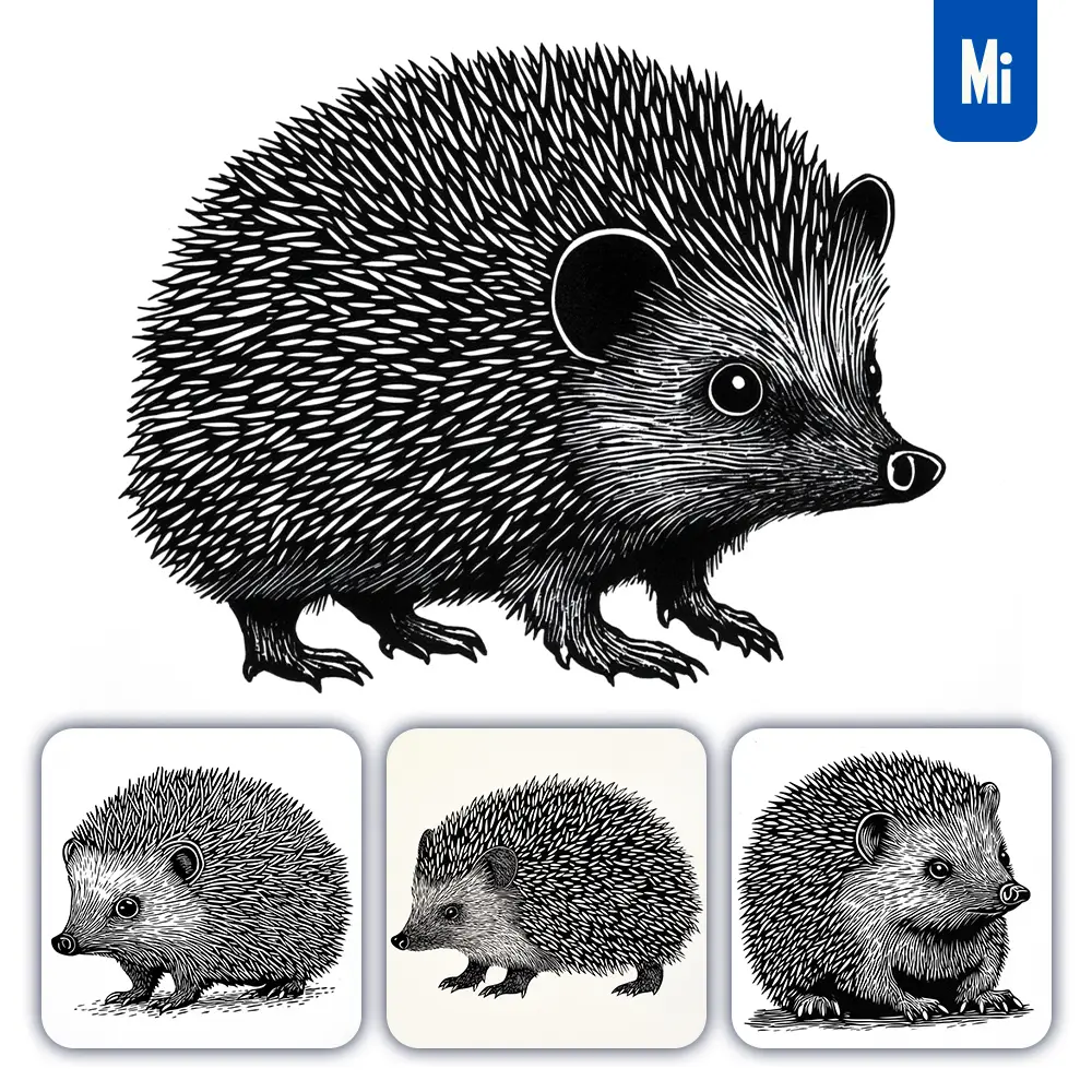 Midjourney Prompt Hedgehog Animal Woodcut Print Black and White Illustration