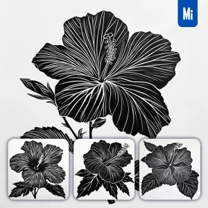 Midjourney Prompt Hibiscus Flower Woodcut Print Black and White Illustration