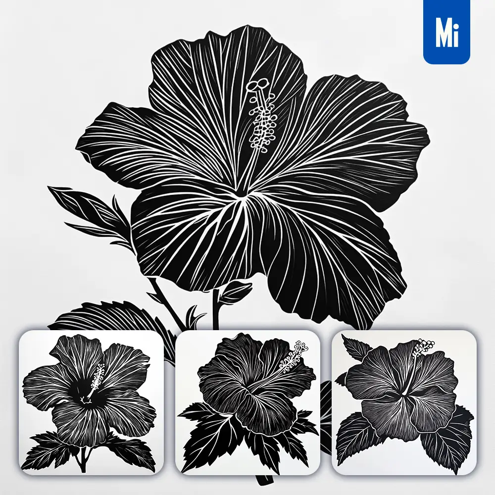 Midjourney Prompt Hibiscus Flower Woodcut Print Black and White Illustration