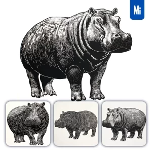 Midjourney Prompt Hippo Animal Woodcut Print Black and White Illustration
