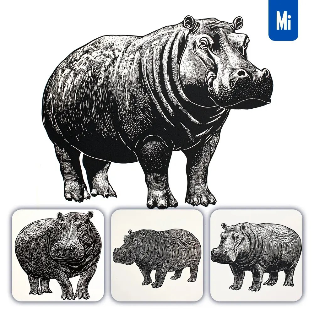 Midjourney Prompt Hippo Animal Woodcut Print Black and White Illustration