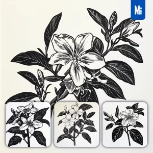 Midjourney Prompt Jasmine Flower Woodcut Print Black and White Illustration