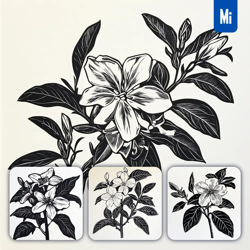 Midjourney Prompt Jasmine Flower Woodcut Print Black and White Illustration