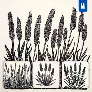 Midjourney Prompt Lavender Flower Woodcut Print Black and White Illustration