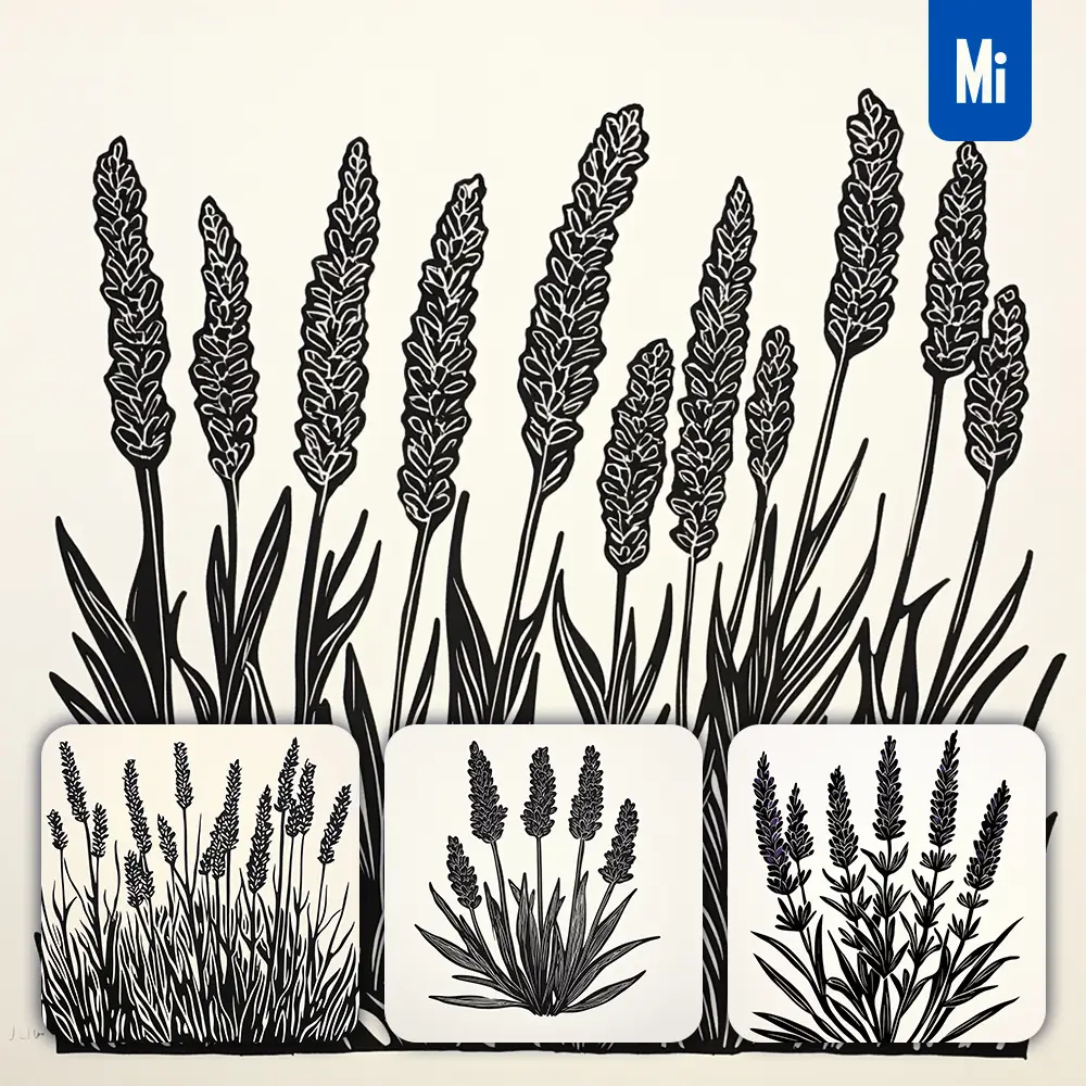 Midjourney Prompt Lavender Flower Woodcut Print Black and White Illustration