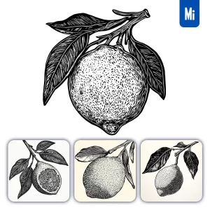Midjourney Prompt Lemon Woodcut Print Black and White Illustration
