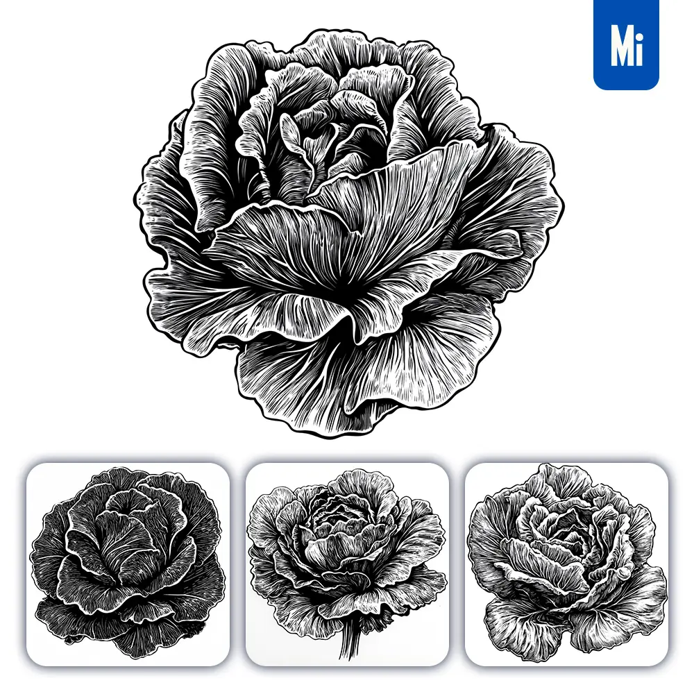 Midjourney Prompt Lettuce Woodcut Print Black and White Illustration