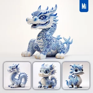 Midjourney Prompt Loong Chinese Dragon Cute Porcelain Pattern Art Animal 3D Artwork