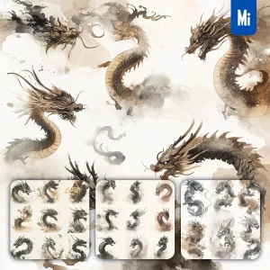 Midjourney Prompt Loong Chinese Dragon Illustration Art Ink Painting Watercolor Smoke Cloud Series