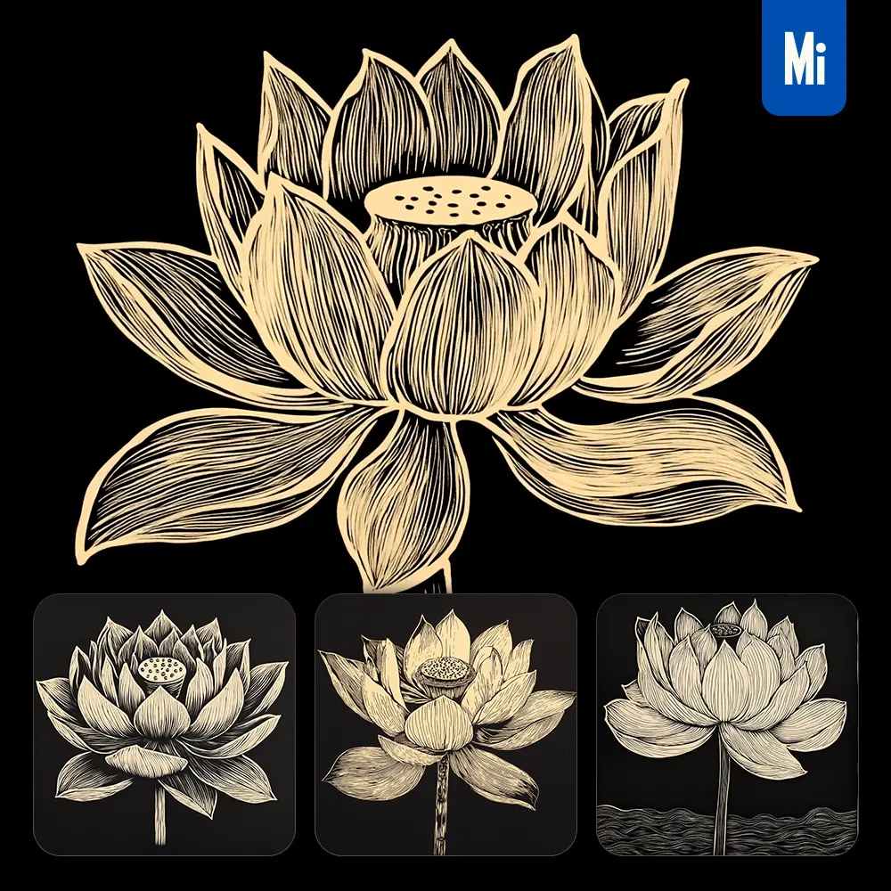 Midjourney Prompt Lotus Flower Black and White Woodcut Print Ink Painting Illustration
