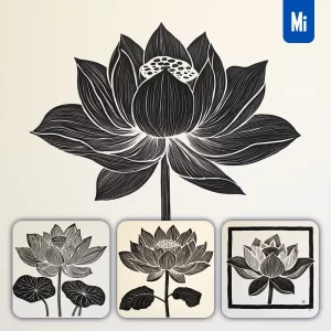 Midjourney Prompt Lotus Flower Woodcut Print Black and White Illustration