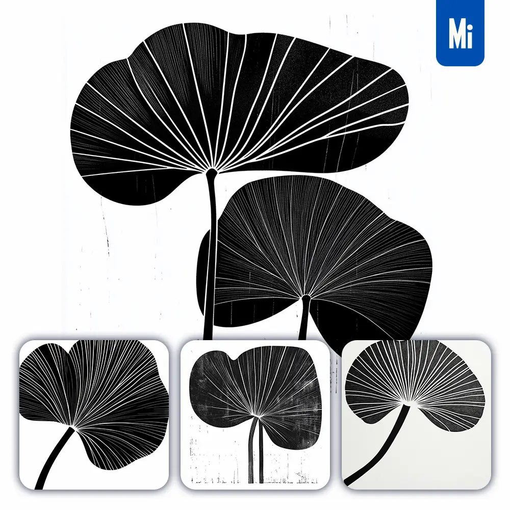 Midjourney Prompt Lotus Leaf Vector Woodcut Print Black and White Illustration Graphic Pattern