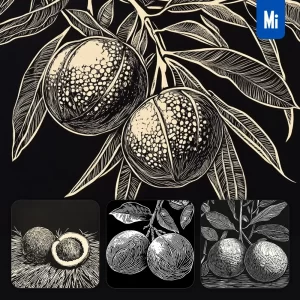 Midjourney Prompt Macadamia Nut Black and White Woodcut Print Ink Painting Illustration