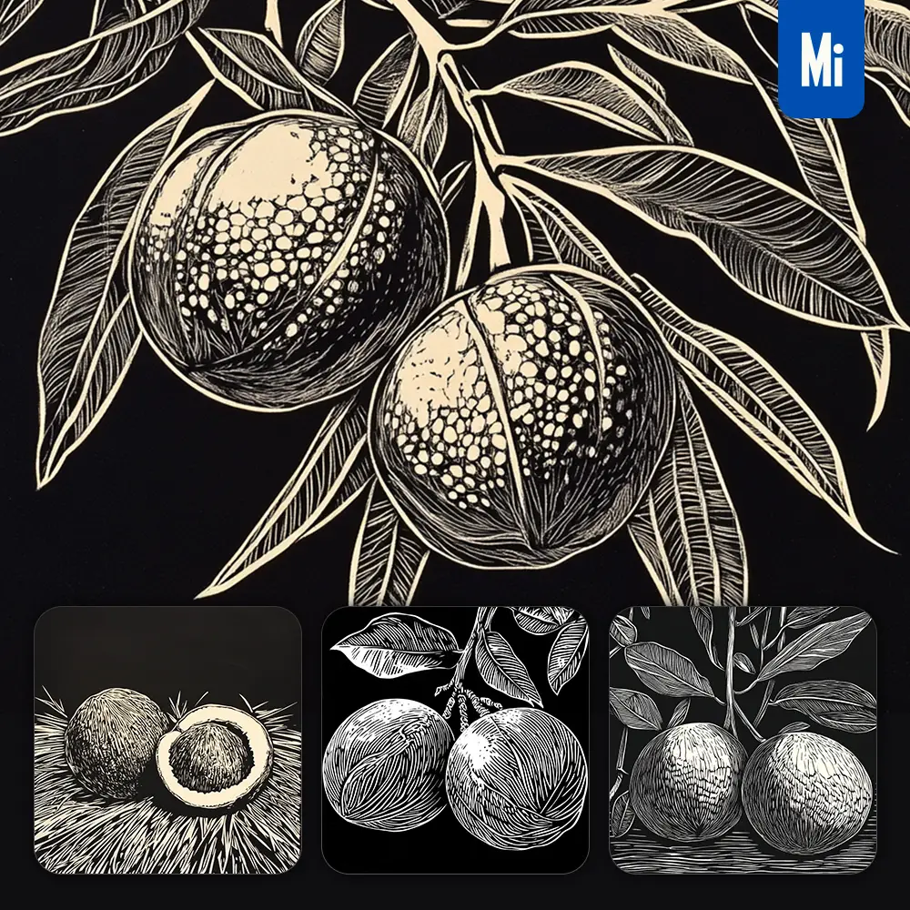 Midjourney Prompt Macadamia Nut Black and White Woodcut Print Ink Painting Illustration