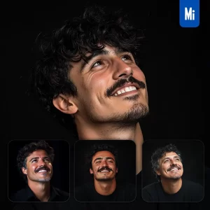 Midjourney Prompt Man Male Mustache Curly Hair Shirt Smiling Smile Looking Black Portrait Photography