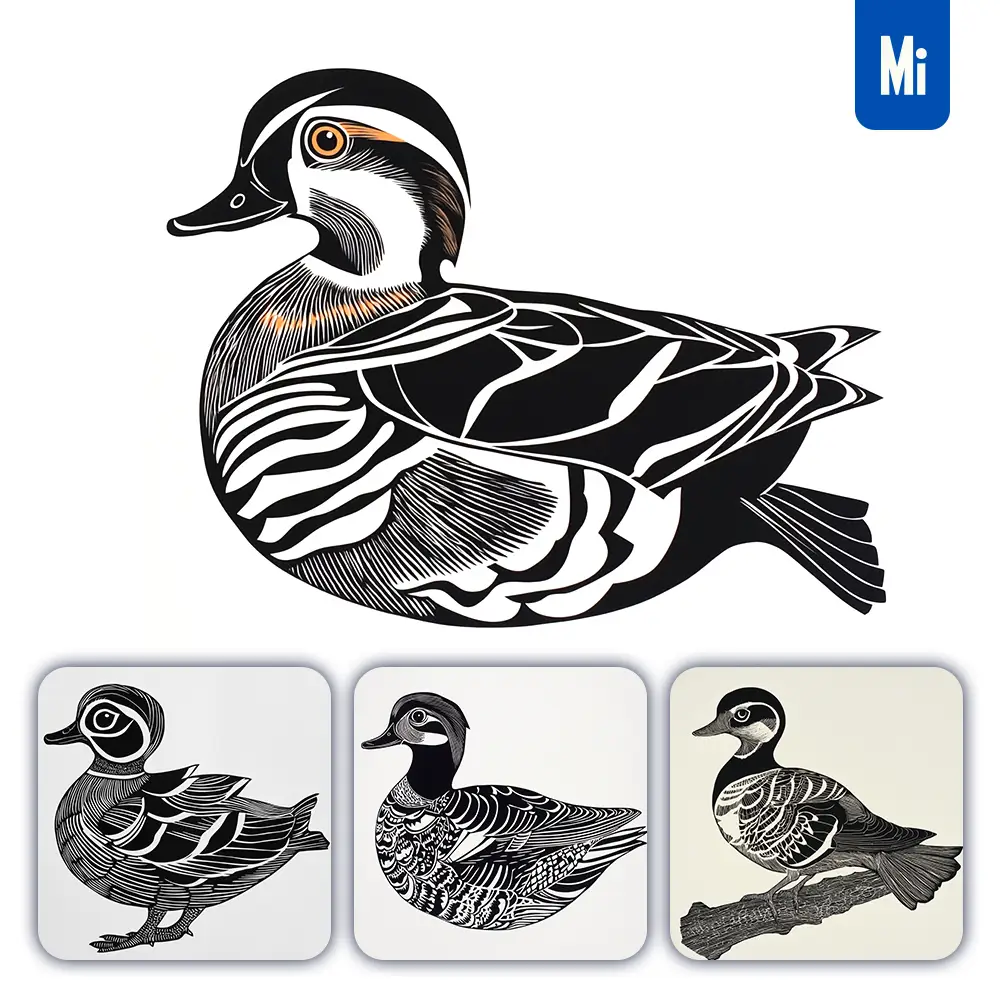 Midjourney Prompt Mandarin Duck Woodcut Print Black and White Illustration