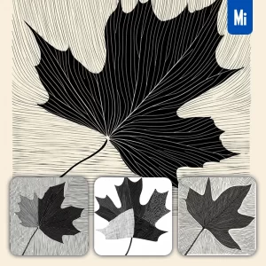 Midjourney Prompt Maple Leaf Vector Woodcut Print Black and White Illustration Graphic Pattern