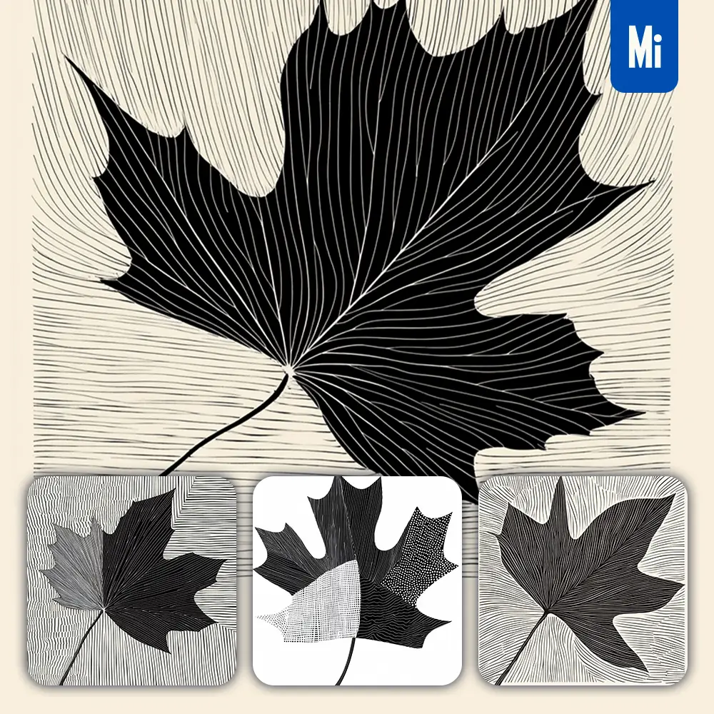 Midjourney Prompt Maple Leaf Vector Woodcut Print Black and White Illustration Graphic Pattern