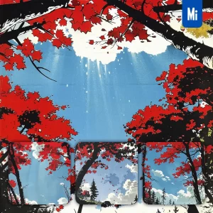 Midjourney Prompt Maple Tree Sky Red Autumn Cloud Woodcut Print Woodblock