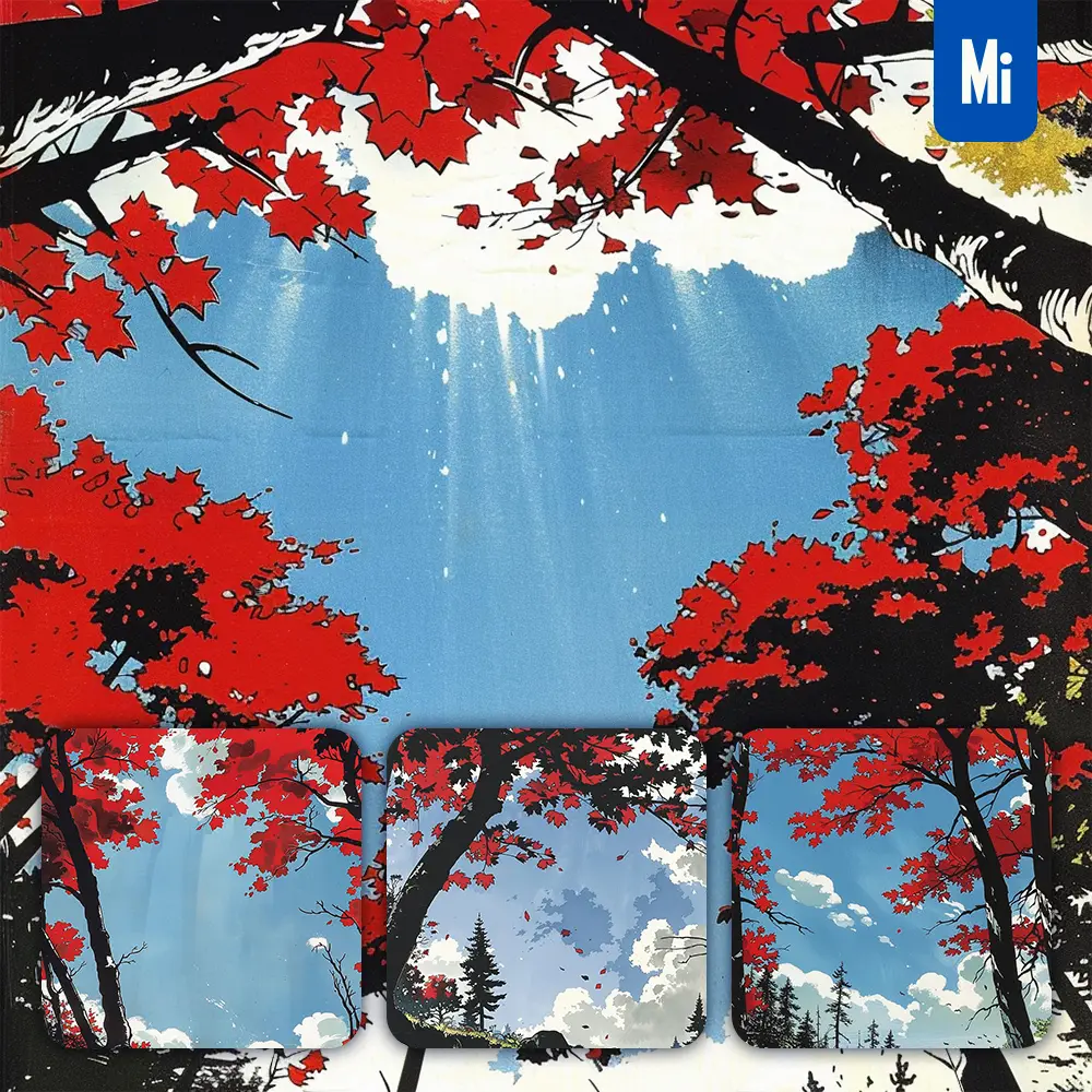 Midjourney Prompt Maple Tree Sky Red Autumn Cloud Woodcut Print Woodblock