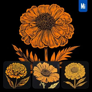 Midjourney Prompt Marigold Flower Black and White Woodcut Print Ink Painting Illustration