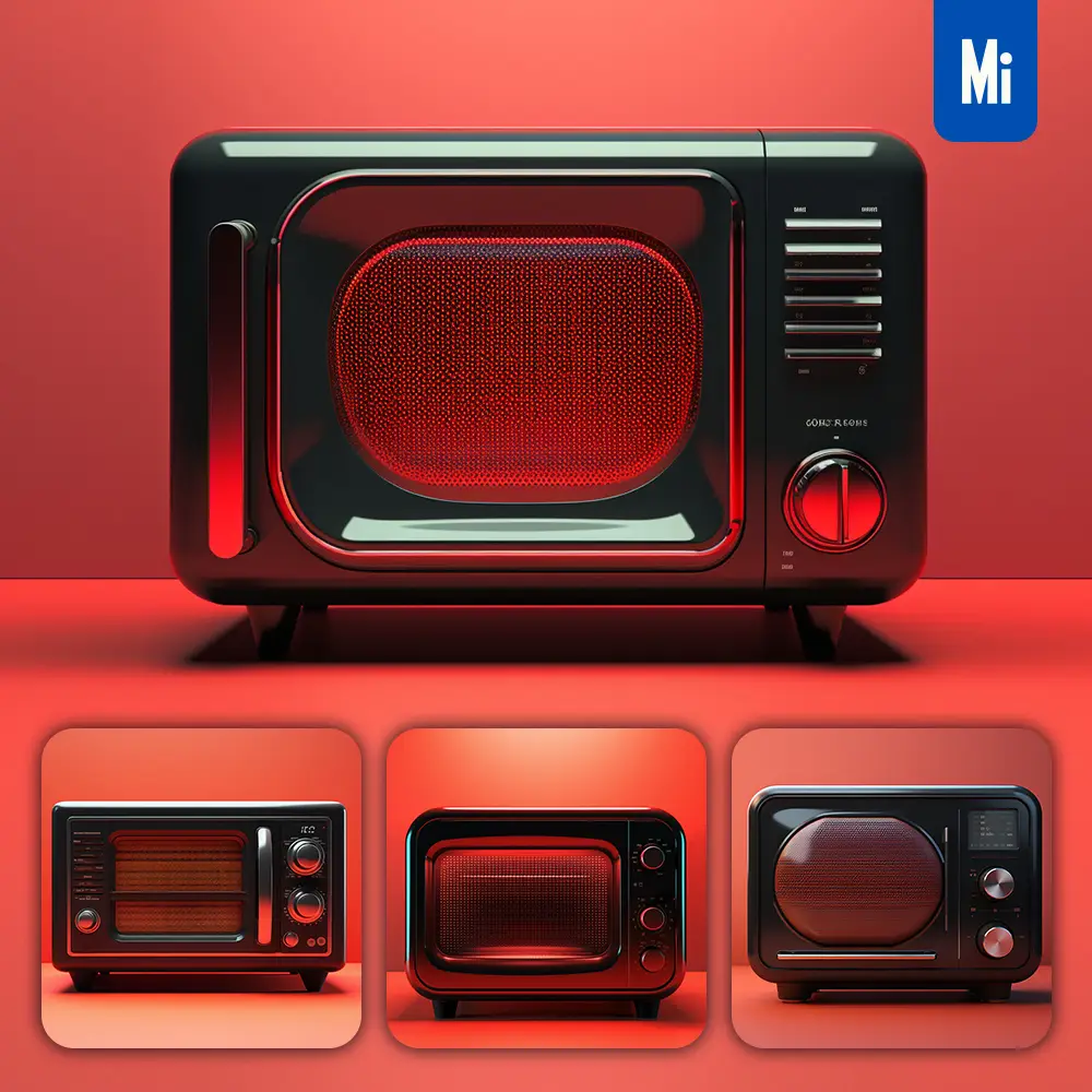 Midjourney Prompt Microwave Oven Red Black Retro Industrial Product Functional Design 3D Rendering Photography