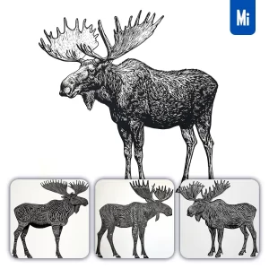 Midjourney Prompt Moose Animal Woodcut Print Black and White Illustration