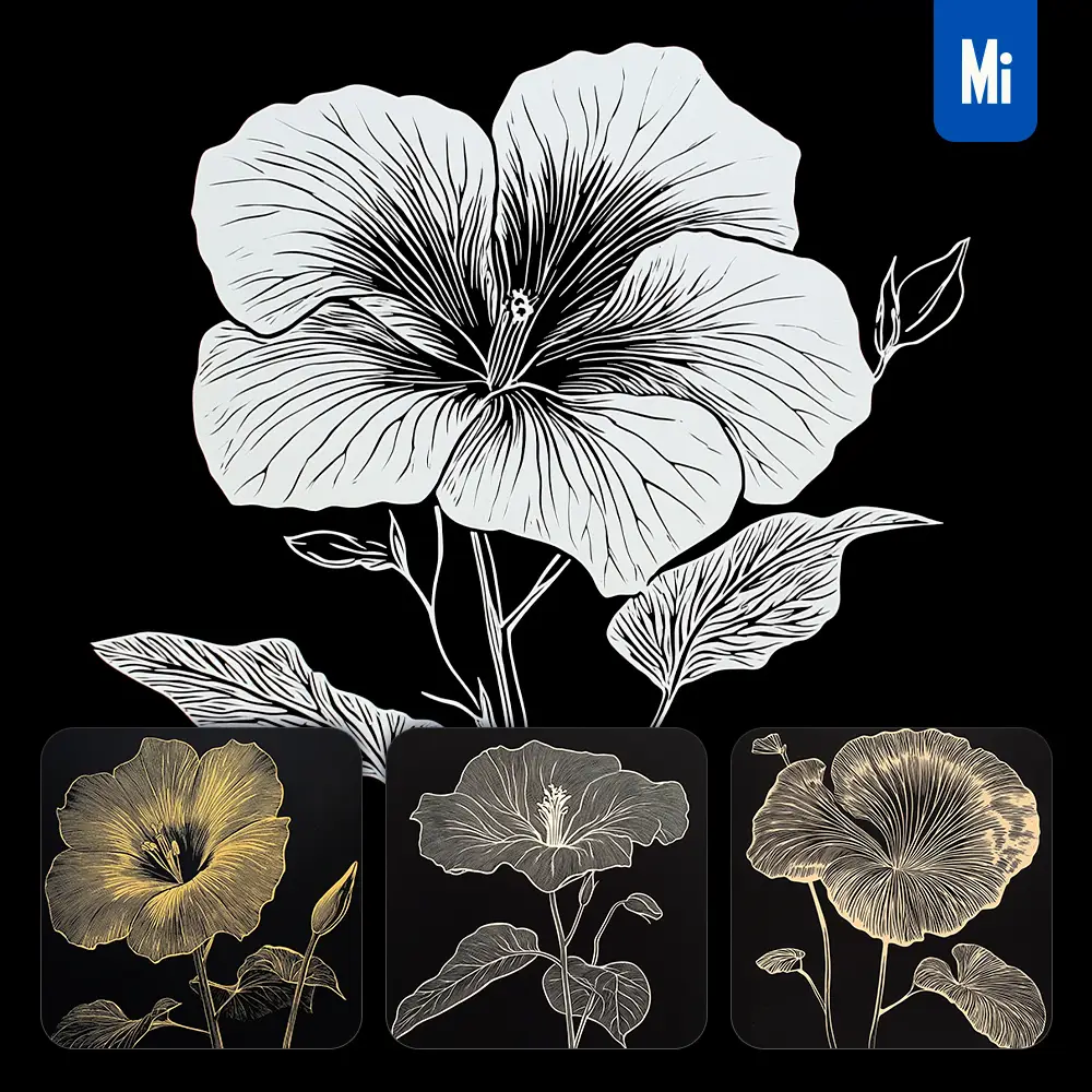 Midjourney Prompt Morning Glory Flower Black and White Woodcut Print Ink Painting Illustration