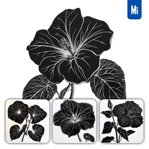 Midjourney Prompt Morning Glory Flower Woodcut Print Black and White Illustration