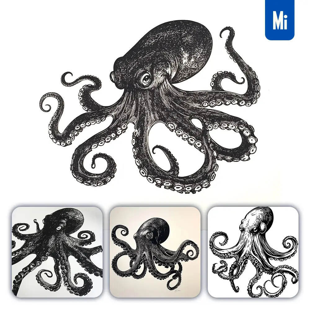 Midjourney Prompt Octopus Woodcut Print Black and White Illustration