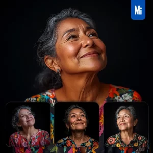 Midjourney Prompt Old Female Aged Woman Floral Shirt Smiling Smile Looking Black Portrait Photography